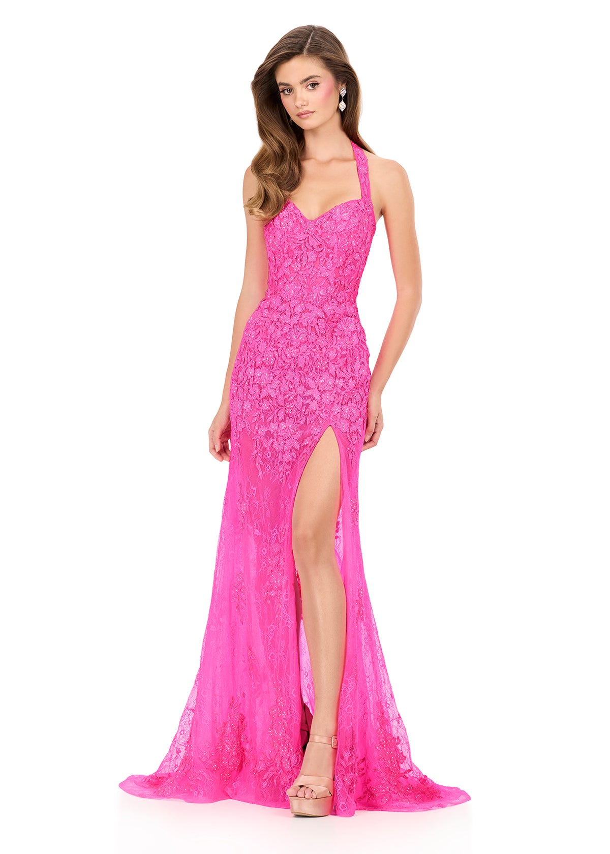 ASHLEYlauren 12256 | Hot-Pink fitted lace evening gown with halter neckline and elegant sweep train