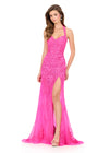 ASHLEYlauren 12256 | Hot-Pink fitted lace evening gown with halter neckline and elegant sweep train