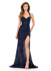 ASHLEYlauren 12256 | Navy fitted lace evening gown with halter neckline, open back, and elegant train