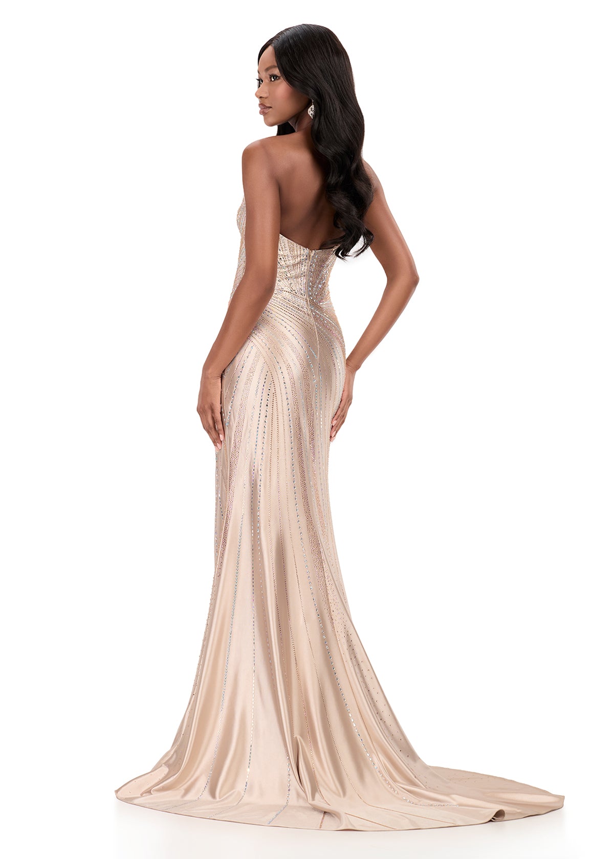 ASHLEYlauren 12267 | Champagne strapless beaded gown featuring sculpted swirl bead pattern and dramatic slit