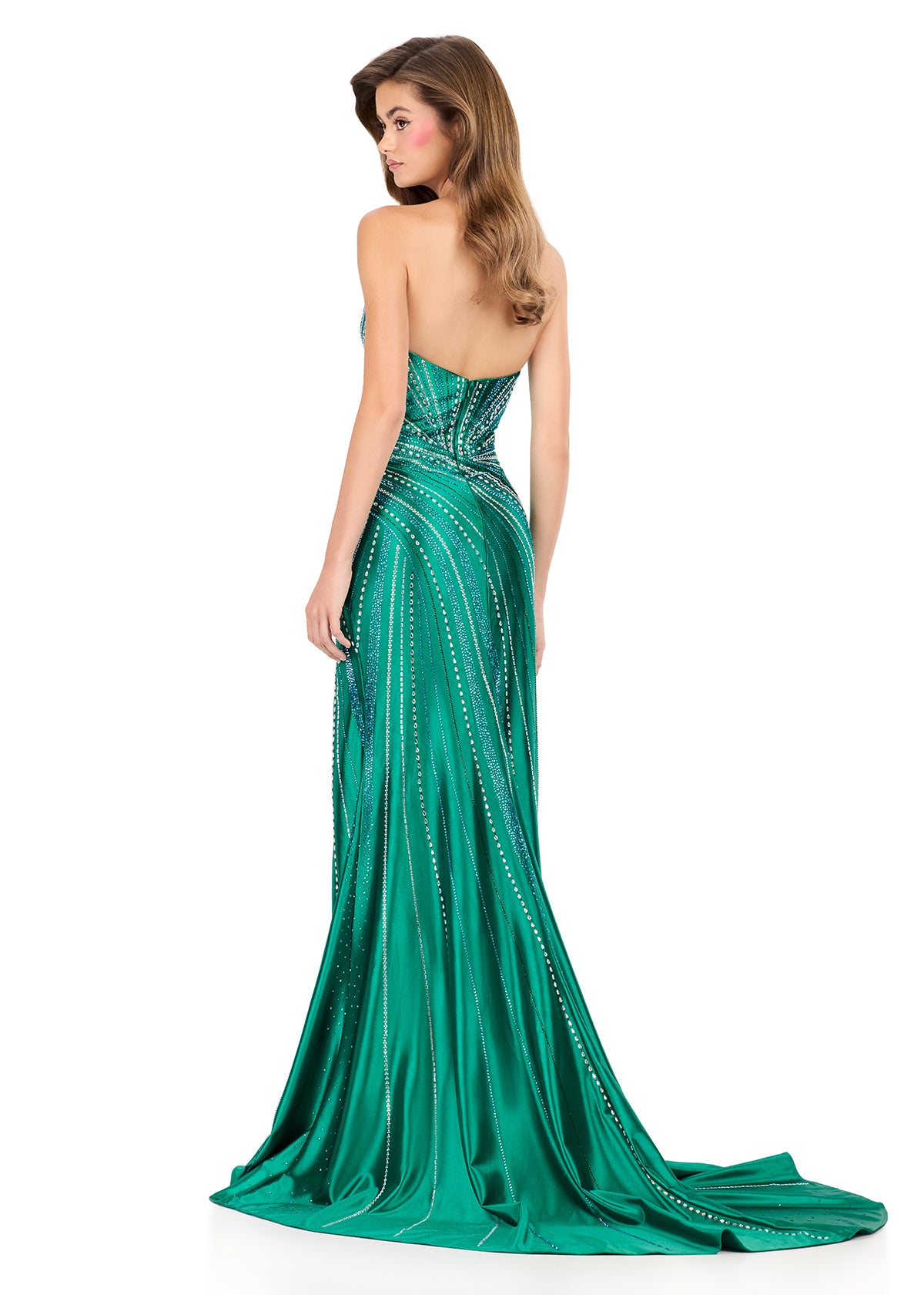 ASHLEYlauren 12267 | Emerald strapless beaded gown with contouring swirl bead pattern and dramatic slit