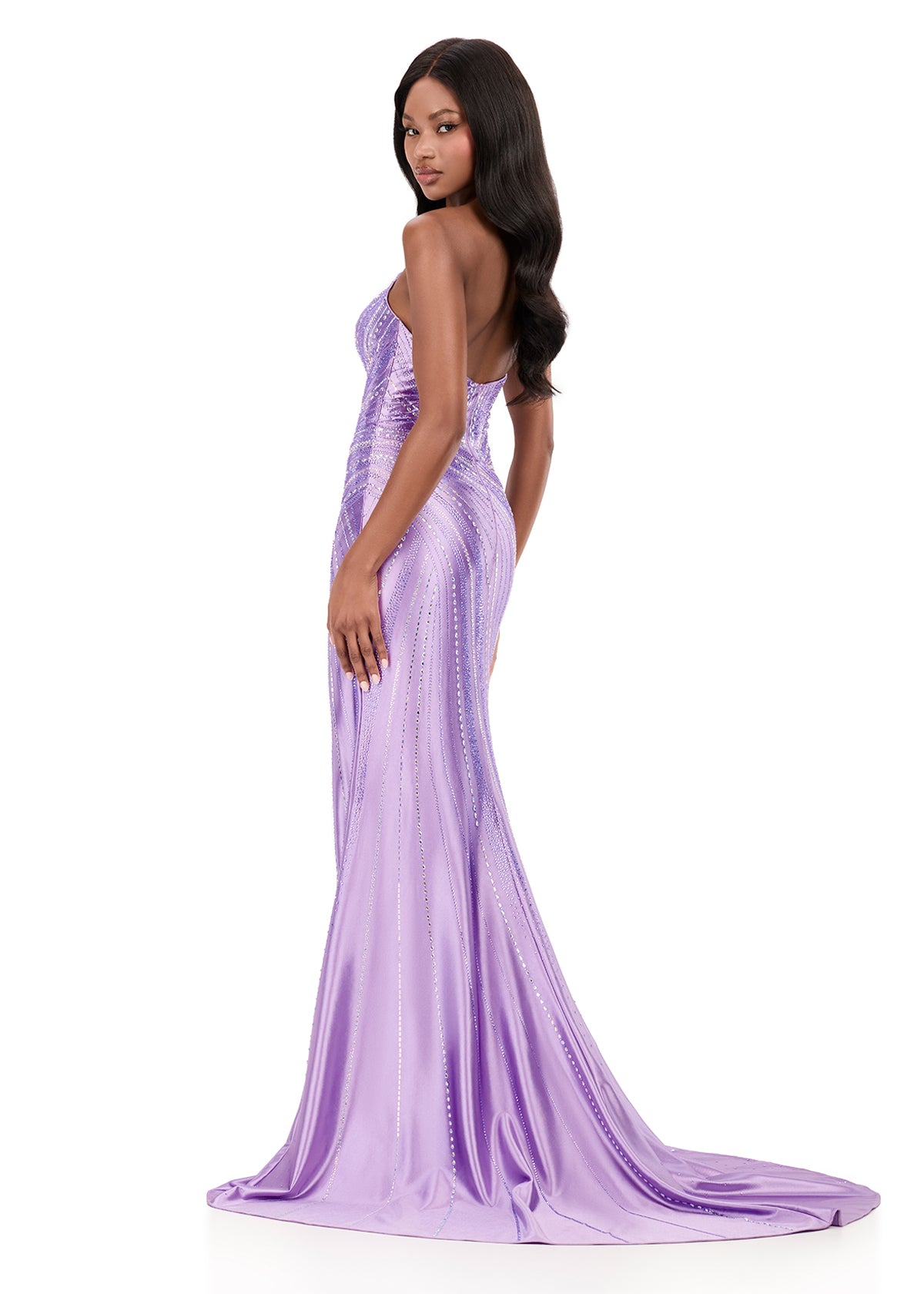 ASHLEYlauren 12267 | Lilac strapless beaded gown featuring sculpting swirl beadwork and dramatic slit