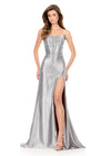 ASHLEYlauren 12267 | Silver beaded evening gown with sculpted strapless bodice and elegant sweeping train