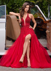 ASHLEYlauren 12268 | Red press-on tulle A-line gown with plunging halter neckline, beaded bodice and gradient stone detailing for a soft sparkling finish