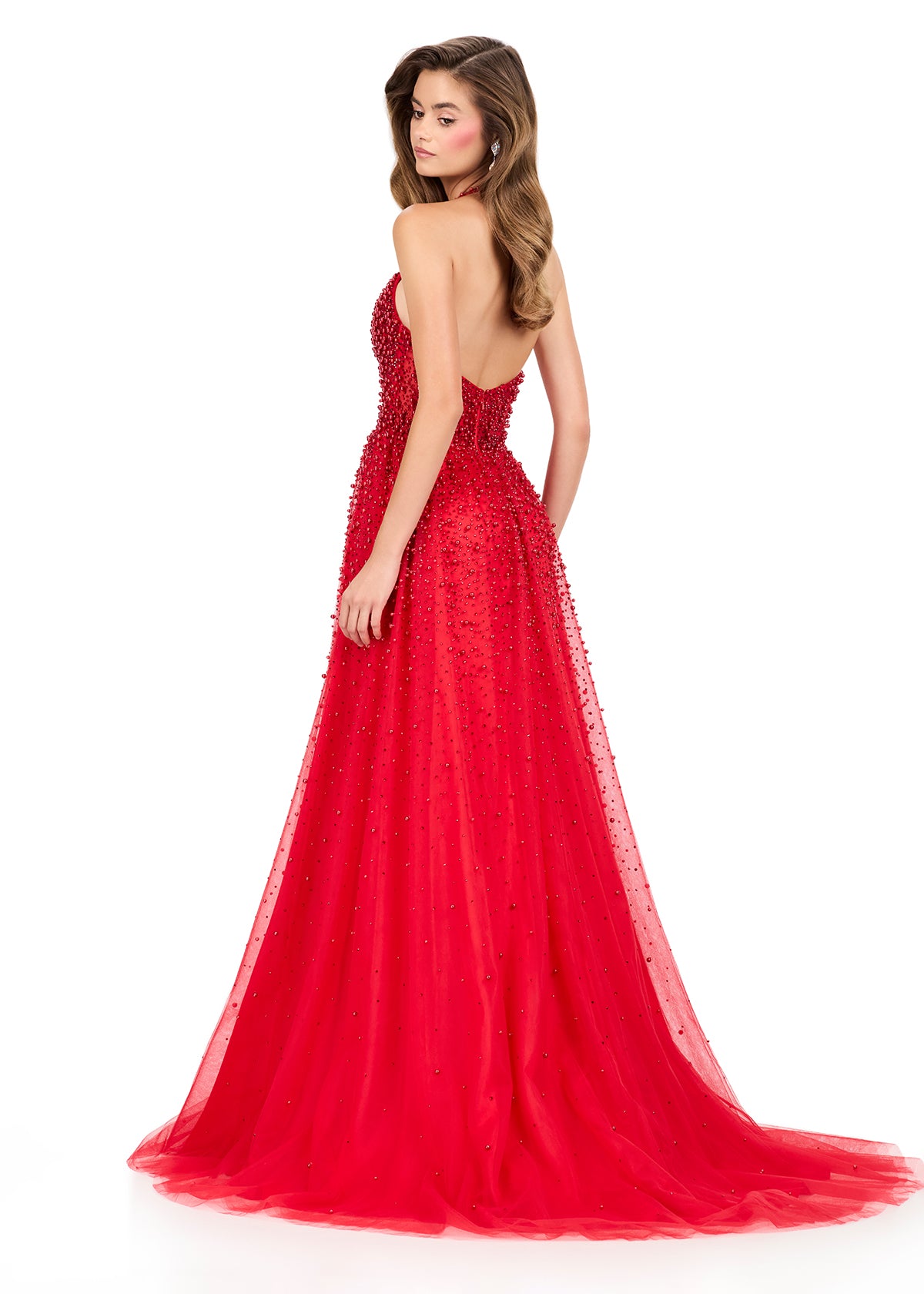 ASHLEYlauren 12268 | Red tulle A-line gown with plunging halter neckline, sparkling press-on stones, and soft gradient beading. Back
