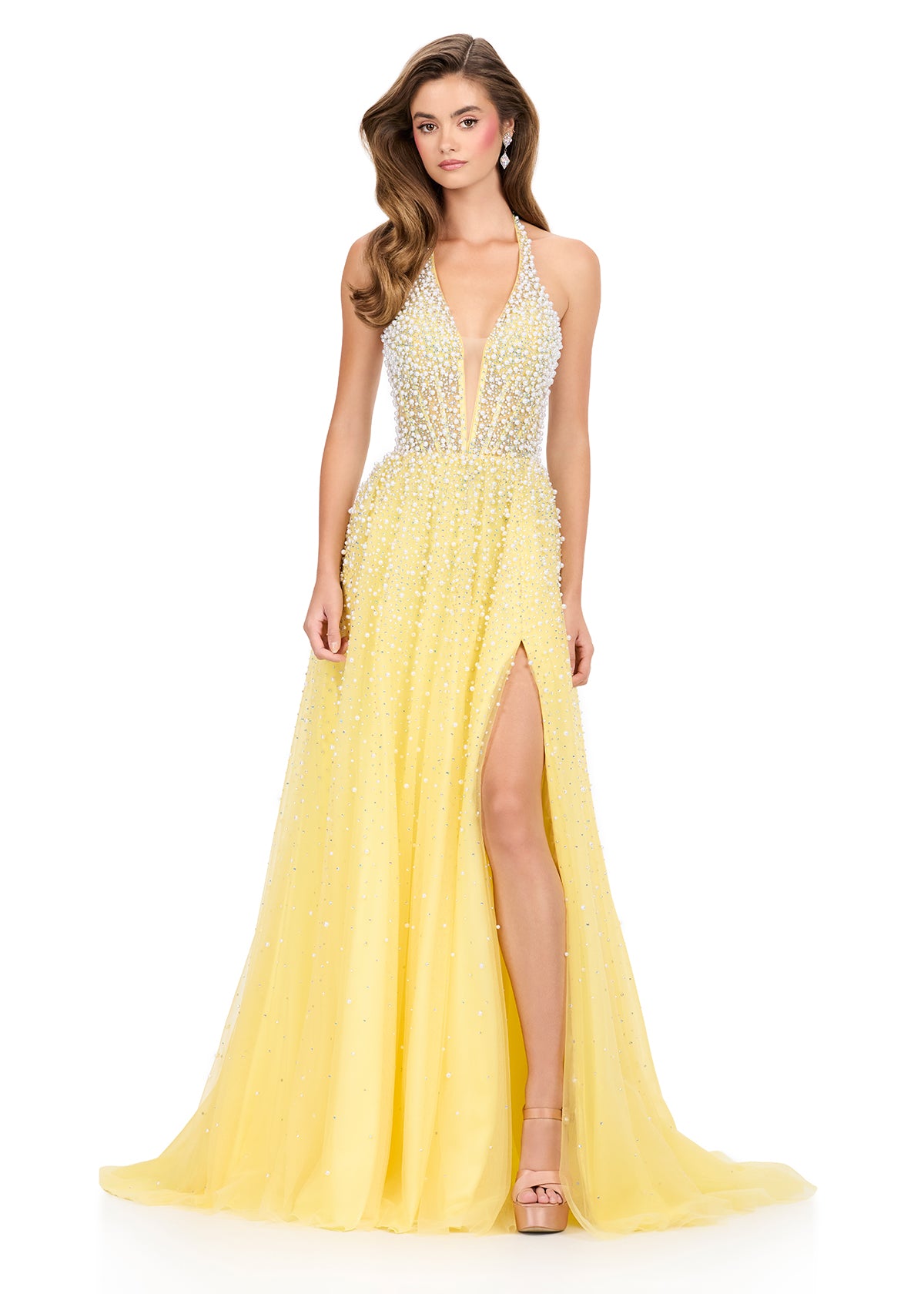 ASHLEYlauren 12268 | Yellow halter tulle gown featuring beaded bodice, floating A-line skirt, and shimmering gradient stone detailing.