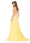 ASHLEYlauren 12268 | Yellow tulle A-line gown with plunging halter neckline, press-on stone beading, and soft gradient sparkle. Back