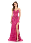 ASHLEYlauren 12274 | Fuchsia beaded evening gown with sculpted sweetheart bodice, dramatic high slit, and elegant train