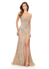 ASHLEYlauren 12274 | Nude beaded evening gown with contouring bead pattern, dramatic slit, and elegant train
