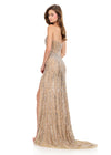 ASHLEYlauren 12274 | Nude beaded fitted gown featuring a sweetheart neckline, sculpting beadwork, and thigh high slit
