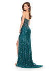 ASHLEYlauren 12274 | Peacock beaded fitted gown featuring a sweetheart neckline, sculpting beadwork, and thigh high slit