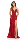 ASHLEYlauren 12274 | Red evening gown featuring contouring beadwork, sculpted bodice, and dramatic slit