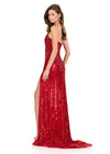 ASHLEYlauren 12274 | Red beaded fitted gown with sweetheart neckline, high slit, and sweep train