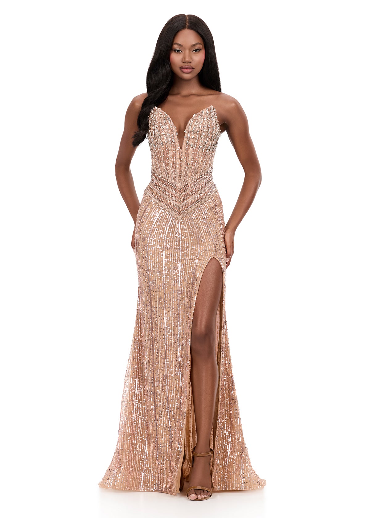 ASHLEYlauren 12274 | Rose-Gold beaded evening gown with sculpted sweetheart bodice, dramatic slit, and sweeping train