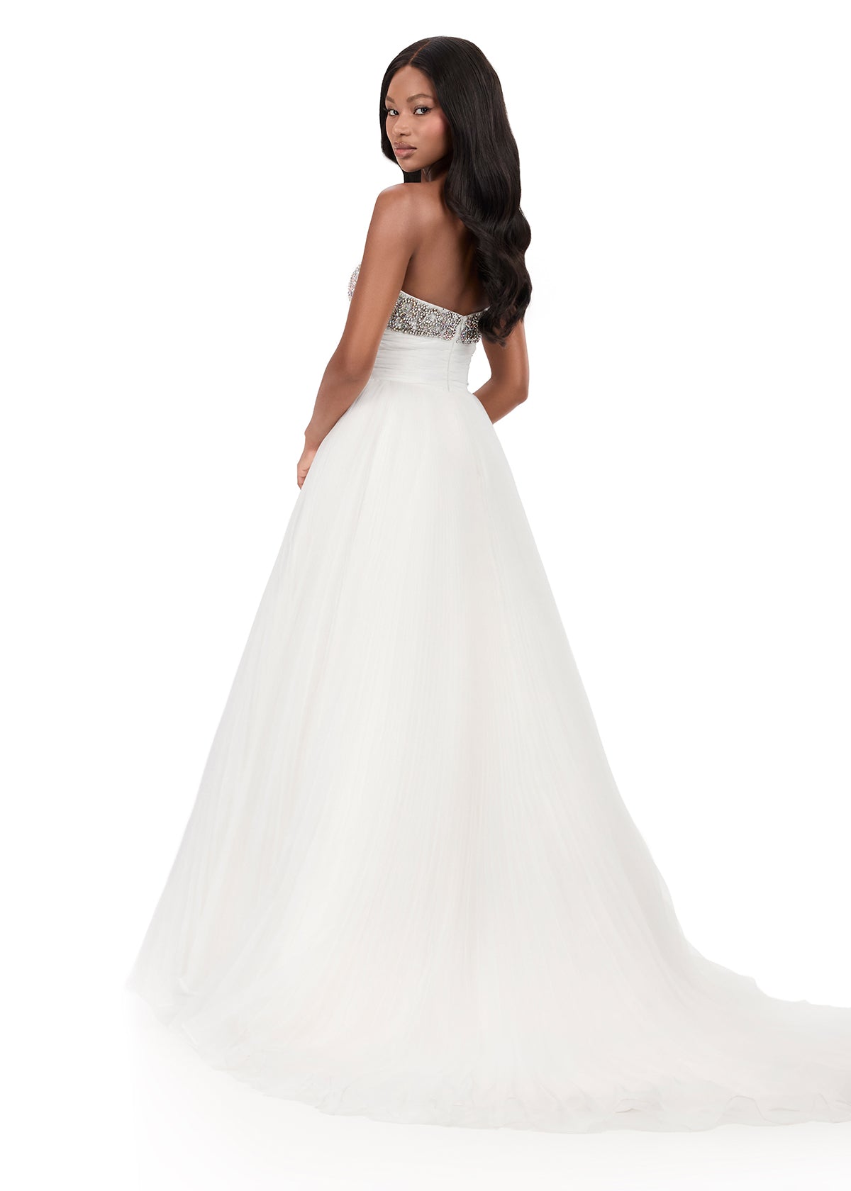 ASHLEYlauren 12275 | Ivory pleated organza ball gown with beaded one shoulder neckline and flowing voluminous skirt