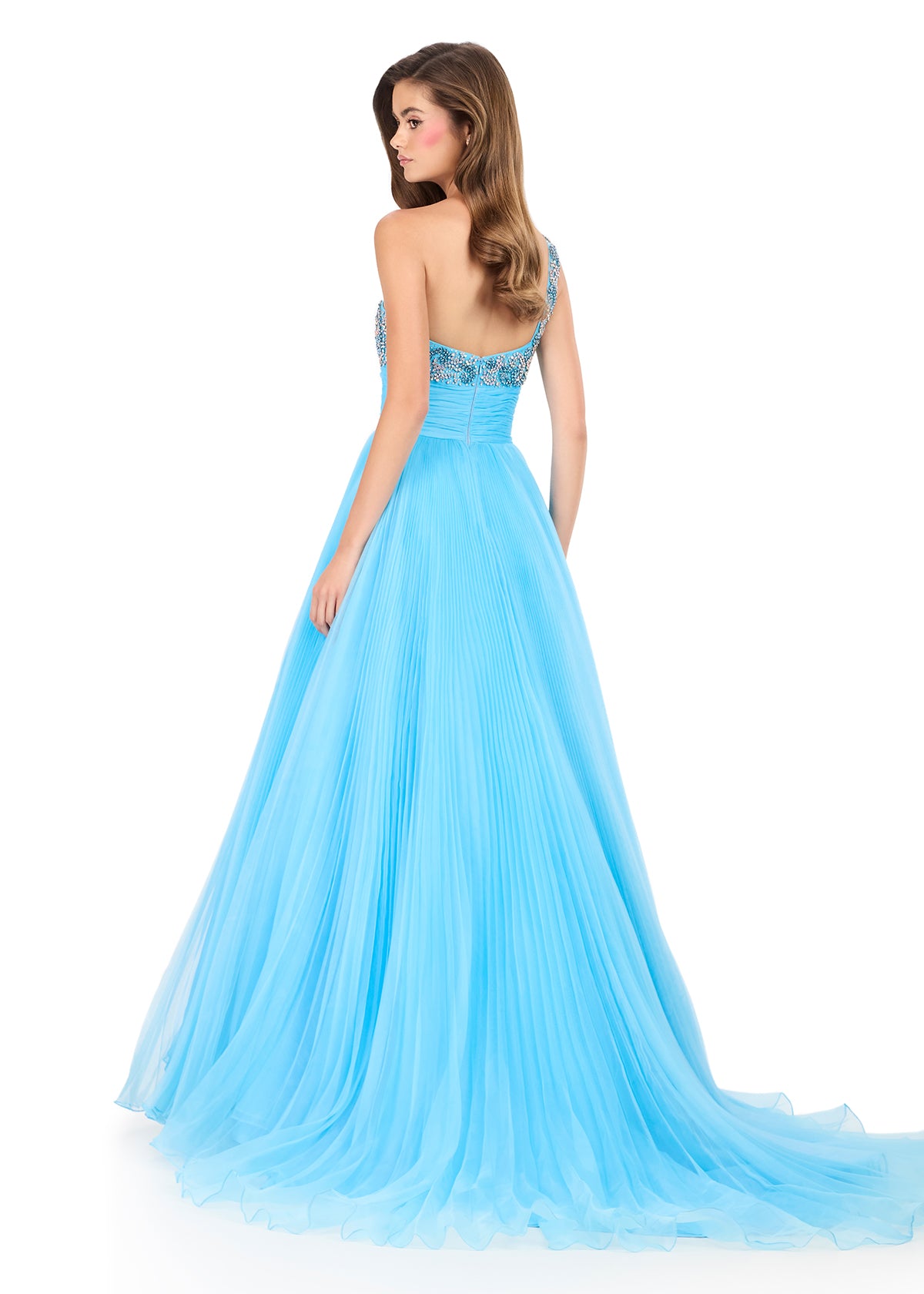 ASHLEYlauren 12275 | Sky pleated organza ball gown featuring a beaded one shoulder bodice and voluminous flowing skirt
