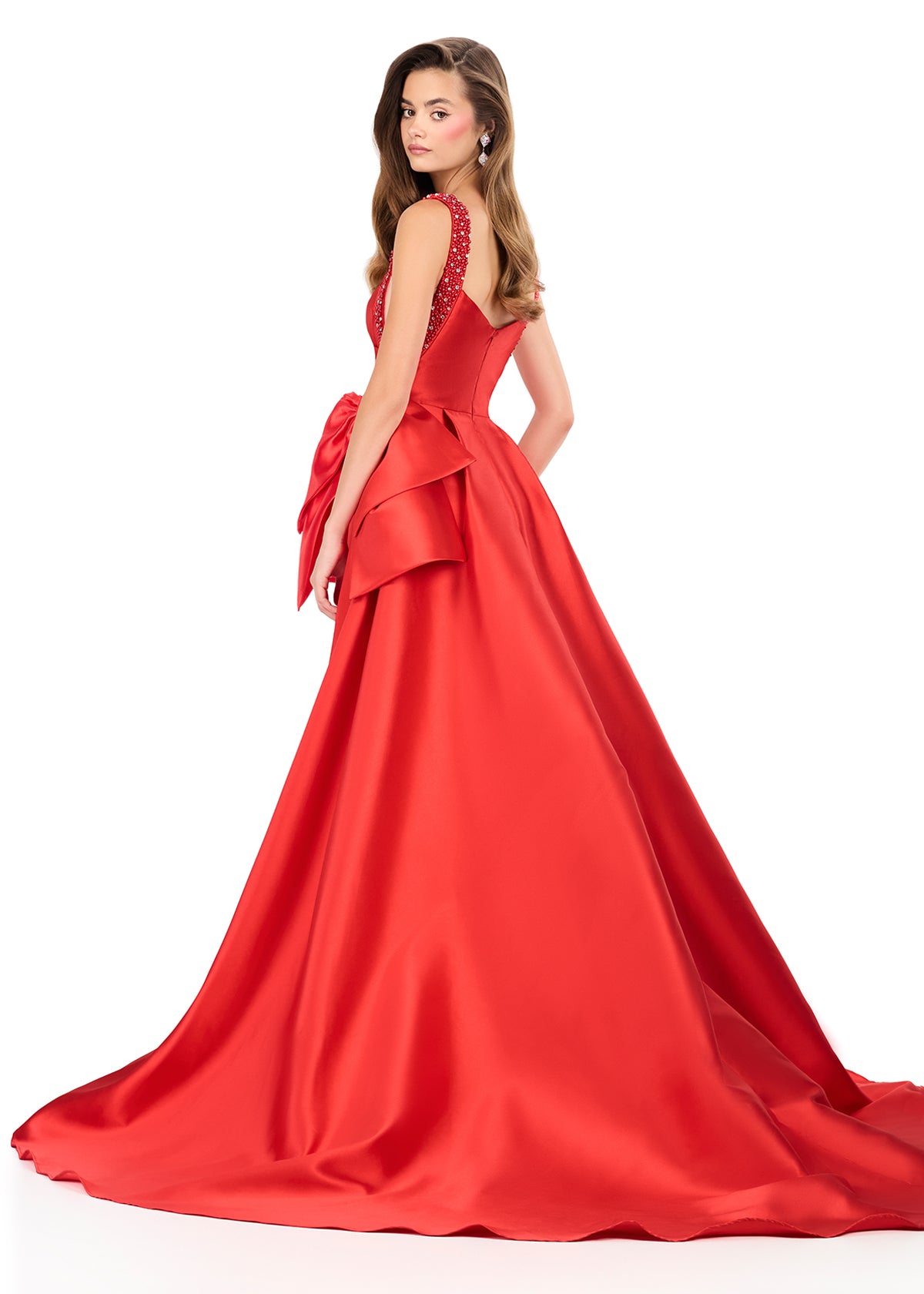 ASHLEYlauren 12276 | Red Mikado ball gown featuring square neckline, sculpted waist bow detail, and dramatic overskirt