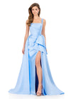ASHLEYlauren 12276 | Sky gown featuring structured bodice, dramatic overskirt, and high slit underlayer