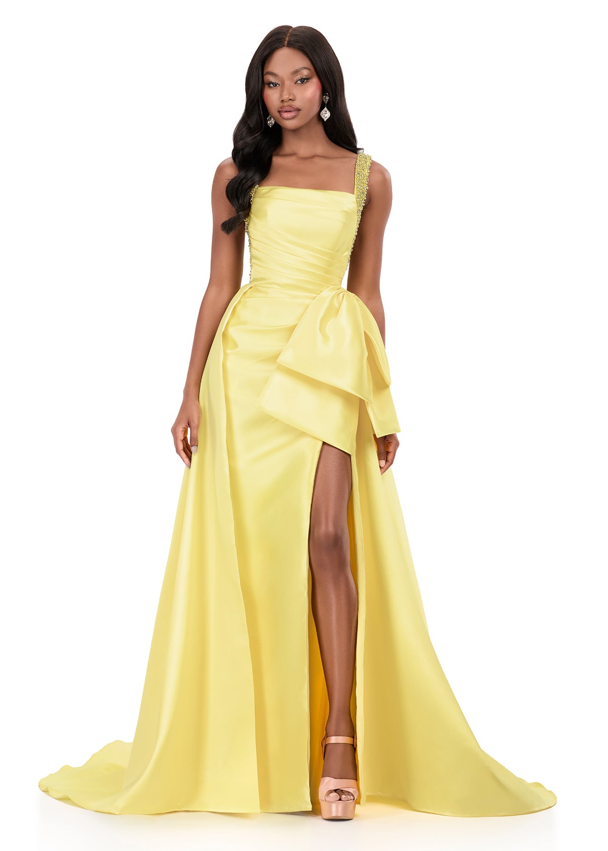 ASHLEYlauren 12276 | Yellow Mikado evening gown with square-neck bodice, dramatic overskirt, and fitted slit skirt