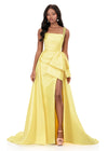 ASHLEYlauren 12276 | Yellow Mikado evening gown with square-neck bodice, dramatic overskirt, and fitted slit skirt