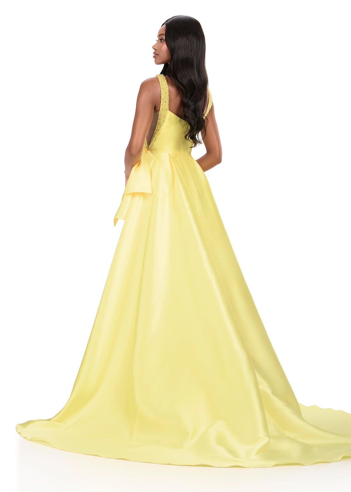ASHLEYlauren 12276 | Yellow Mikado ball gown featuring a structured square neckline, sculpted waist bow, and detachable overskirt