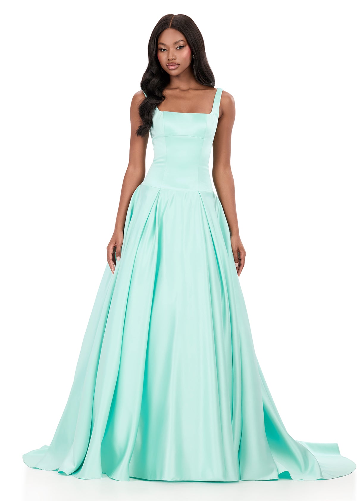 ASHLEYlauren 12277 | Aqua satin evening gown with structured bodice and elegant full skirt silhouette
