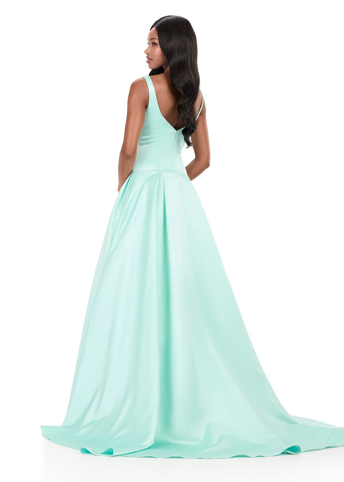 ASHLEYlauren 12277 | Aqua satin ball gown featuring a square neckline, wide straps, and dramatic A-line skirt