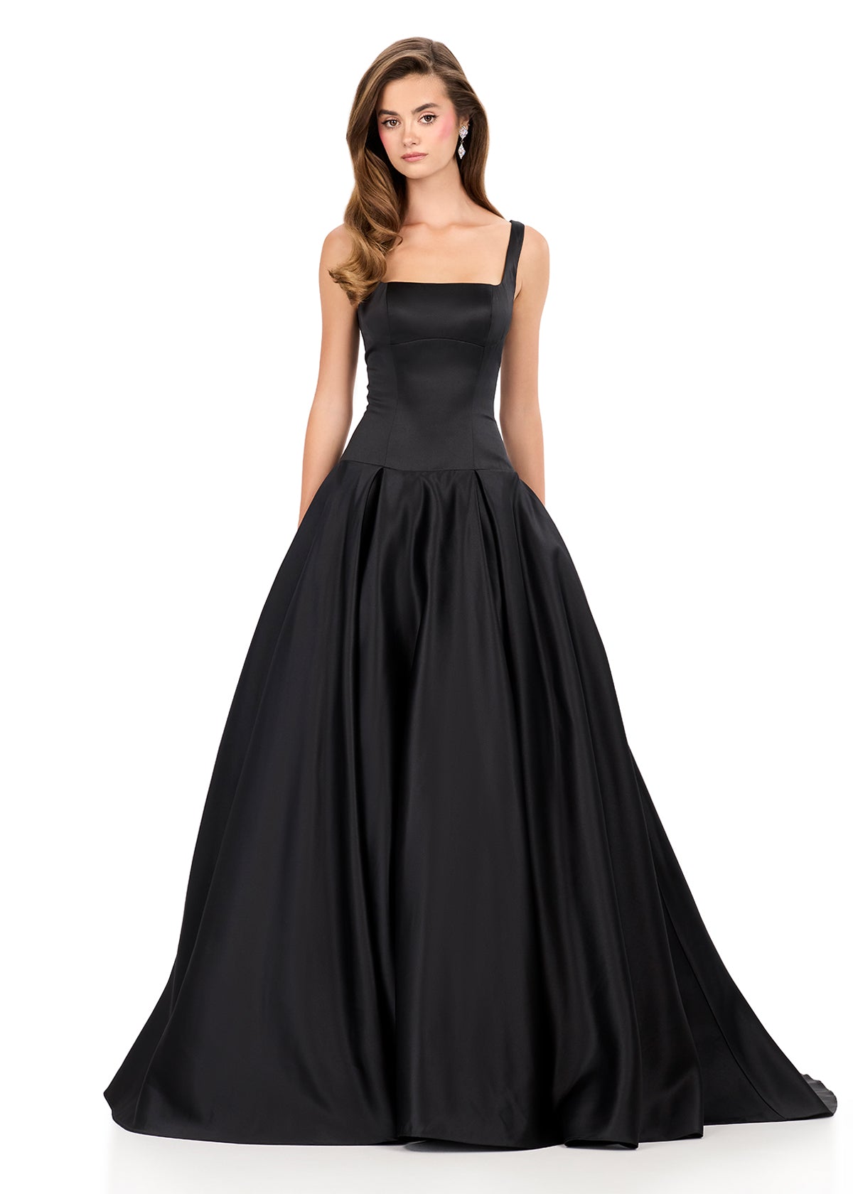 ASHLEYlauren 12277 | Black satin evening gown with structured square bodice and sweeping full skirt