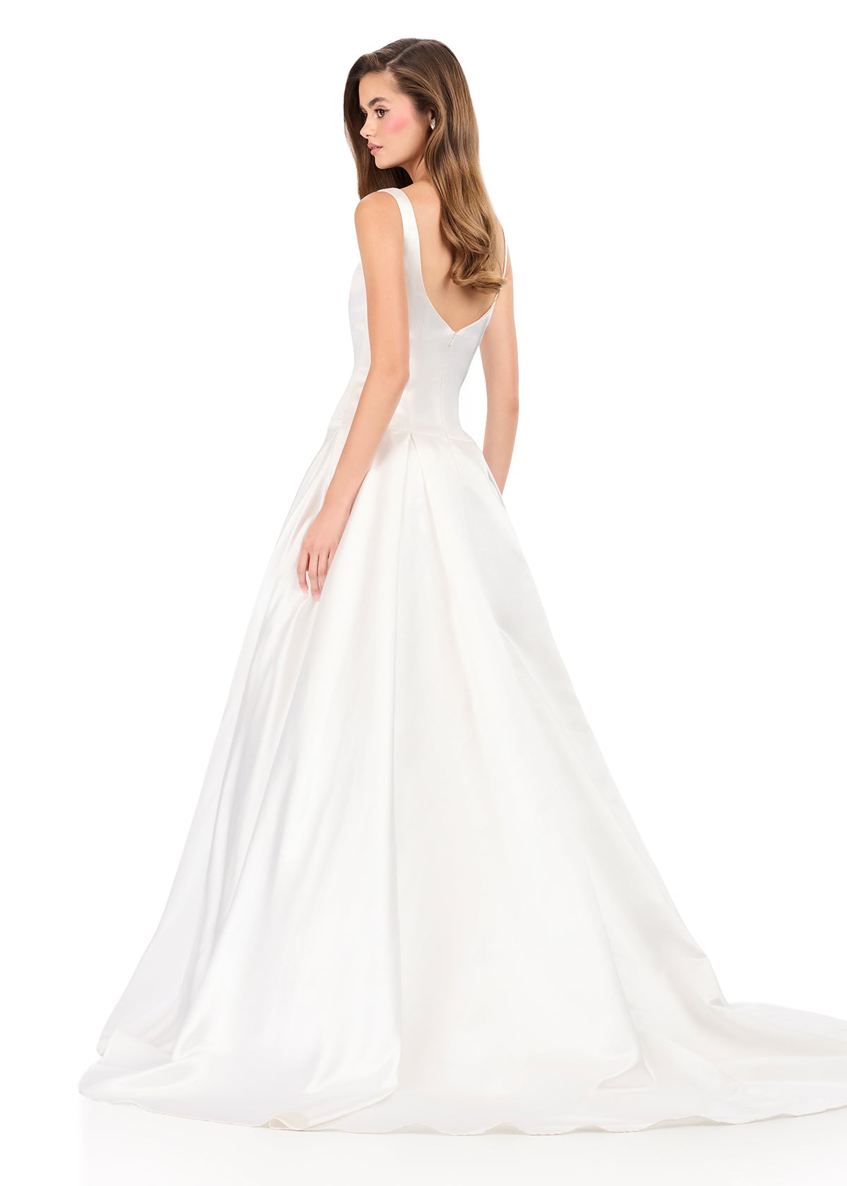 ASHLEYlauren 12277 | Ivory satin ball gown featuring a square neckline, wide straps, and dramatic full skirt