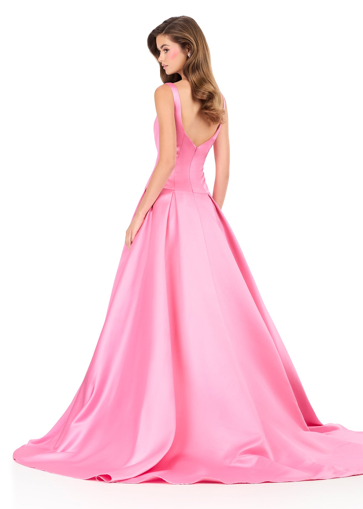 ASHLEYlauren 12277 | Pink satin ball gown featuring a square neckline, wide straps, defined waist, and full A-line skirt