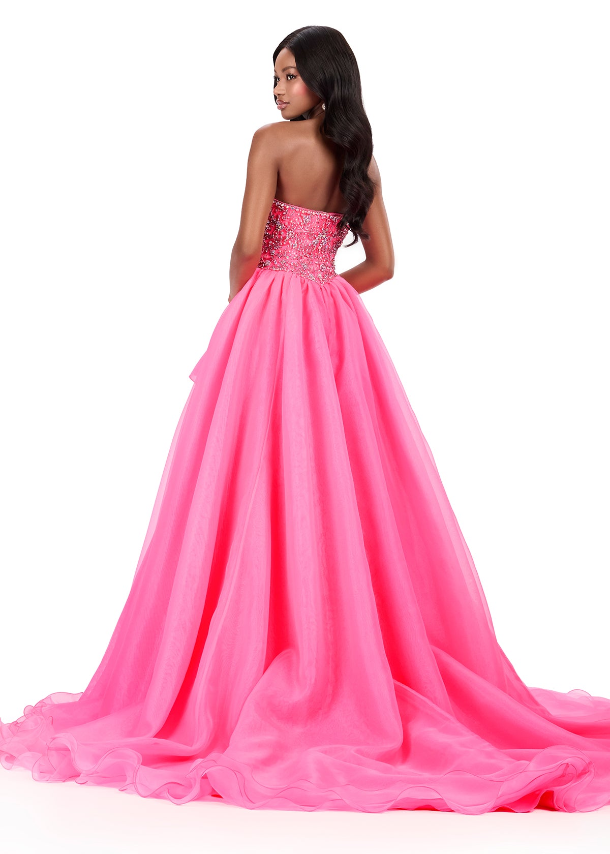 ASHLEYlauren 12281 | Hot Pink organza ball gown with beaded sweetheart bodice and dramatic cascading ruffle tiers