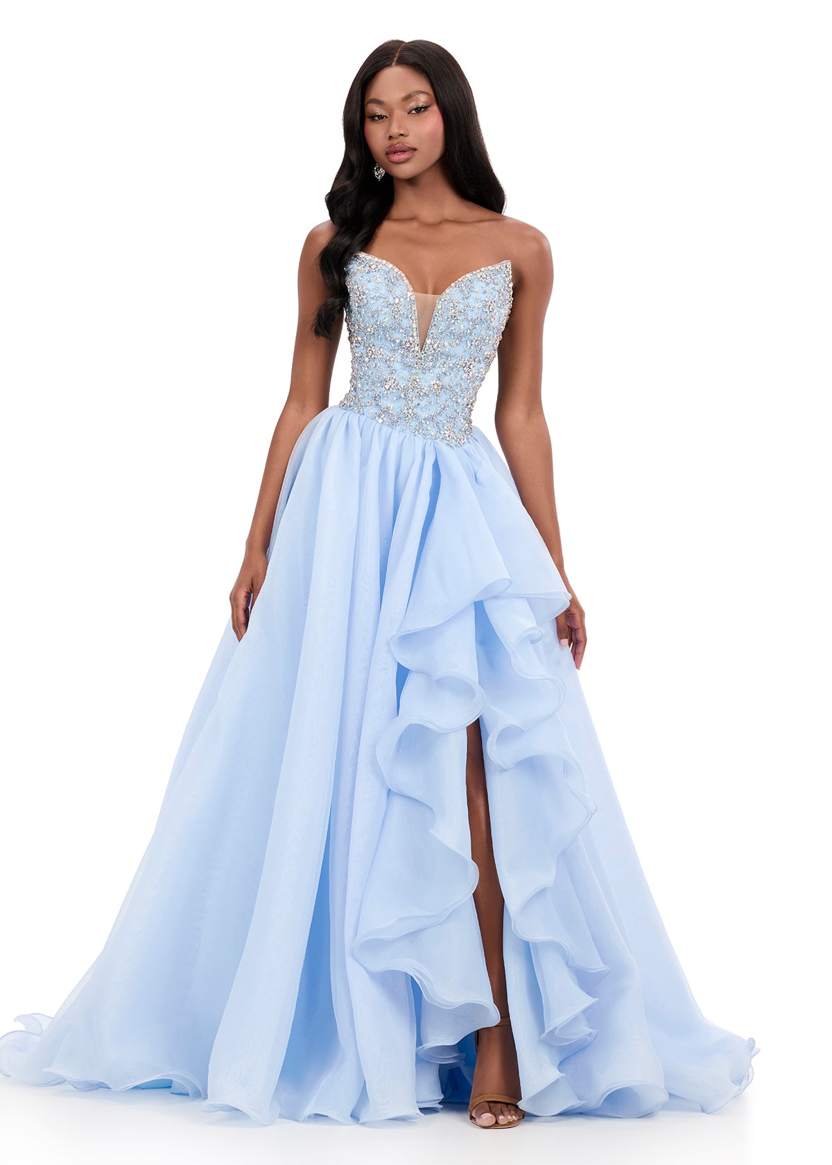 ASHLEYlauren 12281 | Sky organza evening gown with sparkling sweetheart bodice and voluminous ruffled ball gown skirt