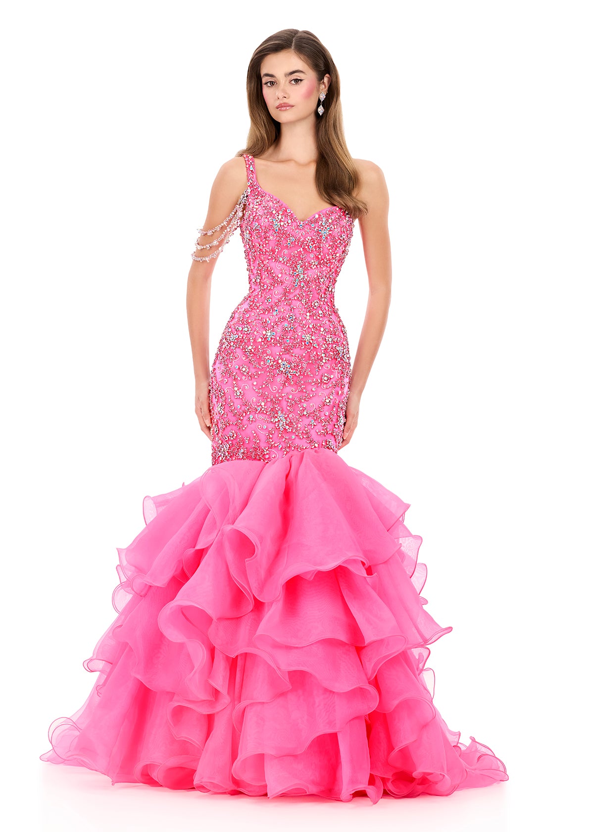 ASHLEYlauren 12282 | Hot-Pink mermaid organza gown with embellished bodice, sparkling shoulder accents, and cascading ruffle skirt