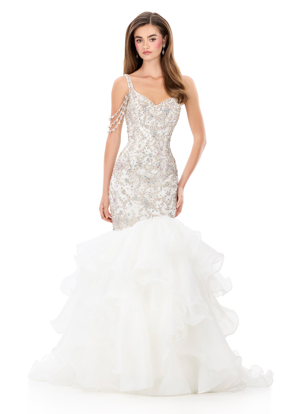 ASHLEYlauren 12282 | Ivory mermaid organza gown with sparkling bodice detail, draped shoulder strands, and voluminous tiered skirt