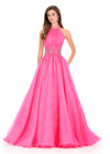 ASHLEYlauren 12283 | Hot-Pink halter organza ball gown with shimmering neckline embellishment and voluminous fairytale skirt