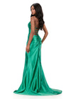 ASHLEYlauren 12285 | Emerald shimmer jersey gown featuring a plunging V neckline, sculpted ruched bodice, lace up back, and dramatic high slit
