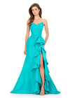 ASHLEYlauren 12287 | Aqua taffeta evening gown with fitted silhouette, strapless neckline, and elegant sweeping train