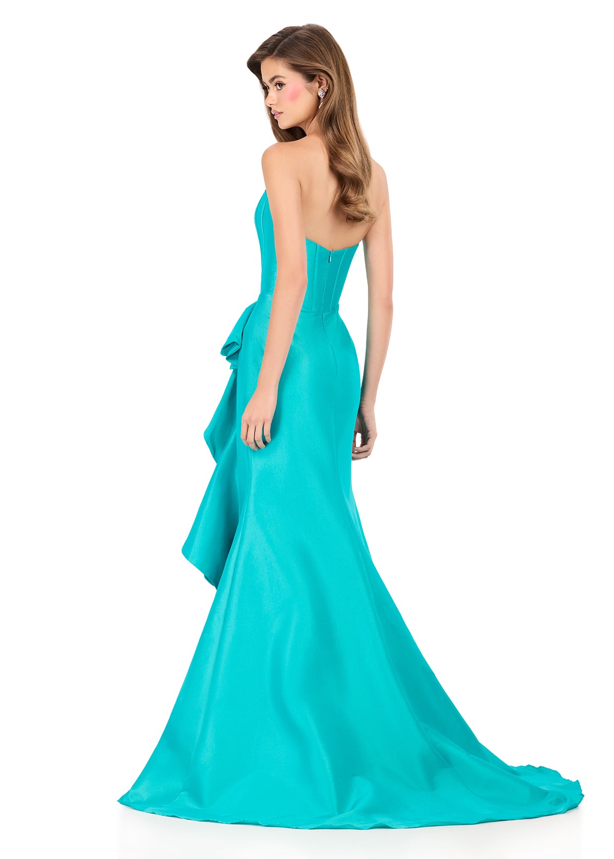 ASHLEYlauren 12287 | Aqua strapless taffeta gown featuring pleated corset bodice and dramatic sculpted side ruffle