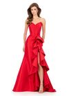ASHLEYlauren 12287 | Red structured taffeta gown with strapless neckline, dramatic side ruffle, and fitted silhouette with train