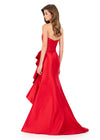 ASHLEYlauren 12287 | Red strapless taffeta gown featuring pleated corset bodice, sculpted side ruffle, and elegant sweep train