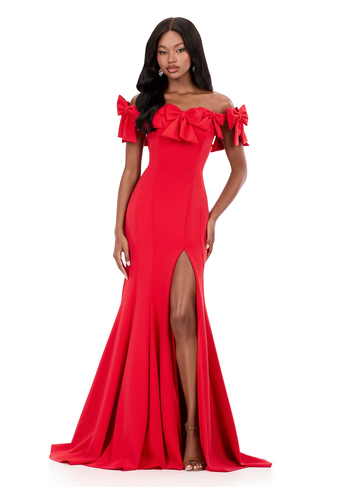 ASHLEYlauren 12288 | Red scuba evening gown with dramatic bow neckline and sleek fitted skirt