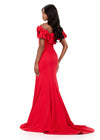 ASHLEYlauren 12288 | Red off shoulder scuba gown featuring sculpted bow neckline and fitted silhouette with elegant sweep train