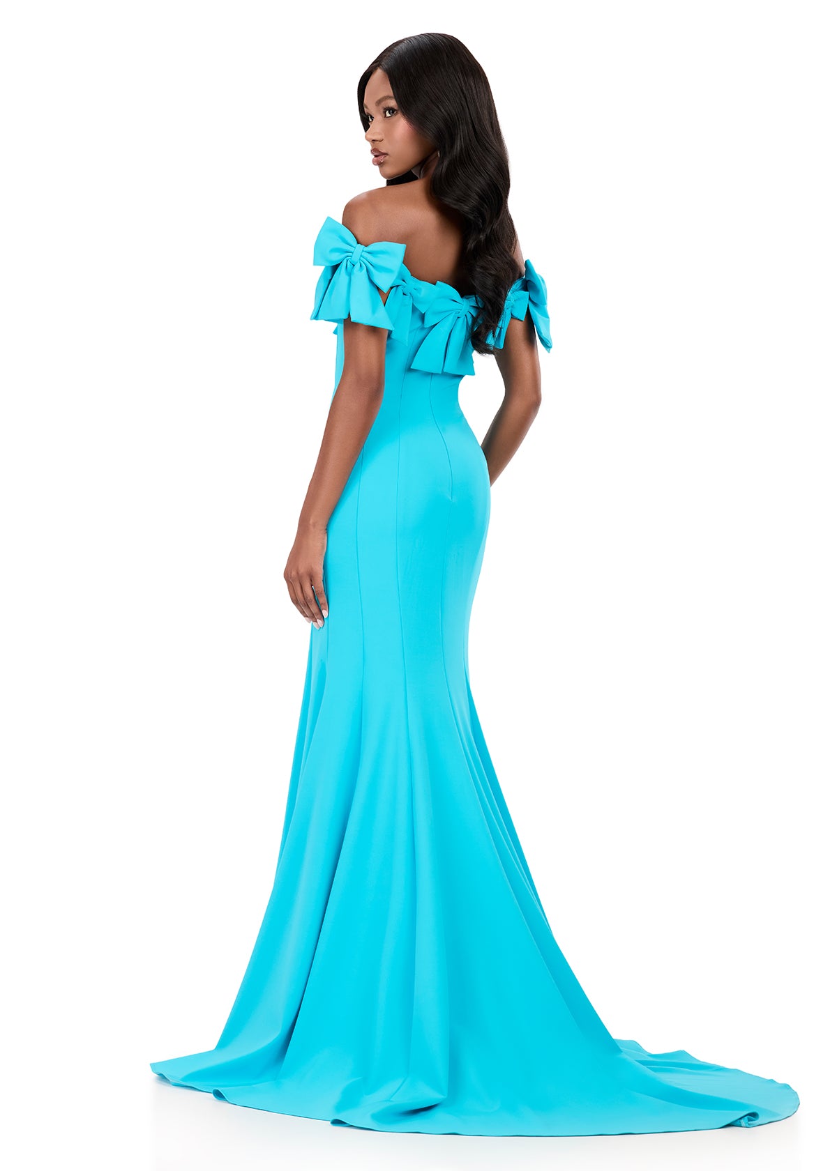 ASHLEYlauren 12288 | Turquoise off shoulder scuba gown featuring bold bow neckline and fitted silhouette with sweep train