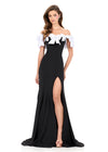 ASHLEYlauren 12288 | White-Black scuba evening gown with off shoulder bow detailing and sleek fitted skirt with soft train