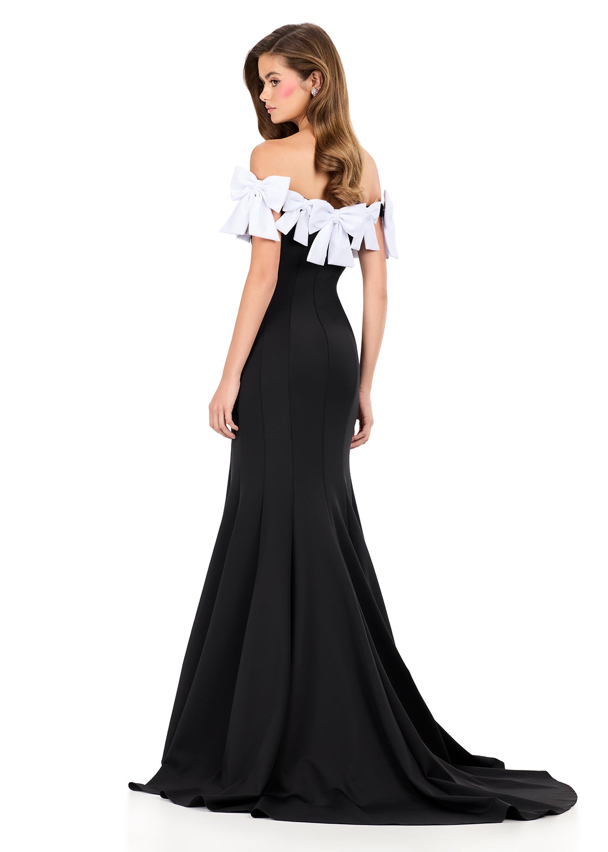 ASHLEYlauren 12288 | White-Black off shoulder scuba gown featuring sculpted bow neckline and fitted silhouette with elegant sweep train