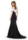 ASHLEYlauren 12288 | White-Black off shoulder scuba gown featuring sculpted bow neckline and fitted silhouette with elegant sweep train