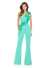 ASHLEYlauren 12290 | Aqua jersey jumpsuit with statement floral appliques and one shoulder neckline for modern fashion styling