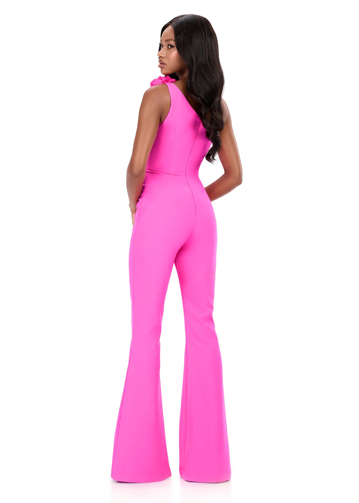 ASHLEYlauren 12290 | Pink one shoulder jersey jumpsuit featuring cascading floral appliques and fitted silhouette with flared leg