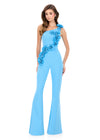 ASHLEYlauren 12290 | Sky jersey jumpsuit with one shoulder neckline, dramatic floral appliques, and sleek flared pants