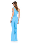 ASHLEYlauren 12290 | Sky one shoulder jersey jumpsuit featuring cascading 3D floral appliques and flattering flared leg silhouette